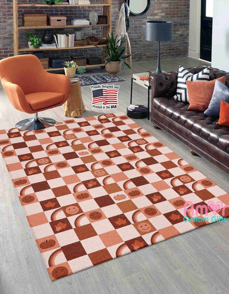 Mats & Rugs Fall Pumpkin Checkerboard Rugs | Fall Pumpkin Checkerboard Home Carpet, Mat, Home Decor