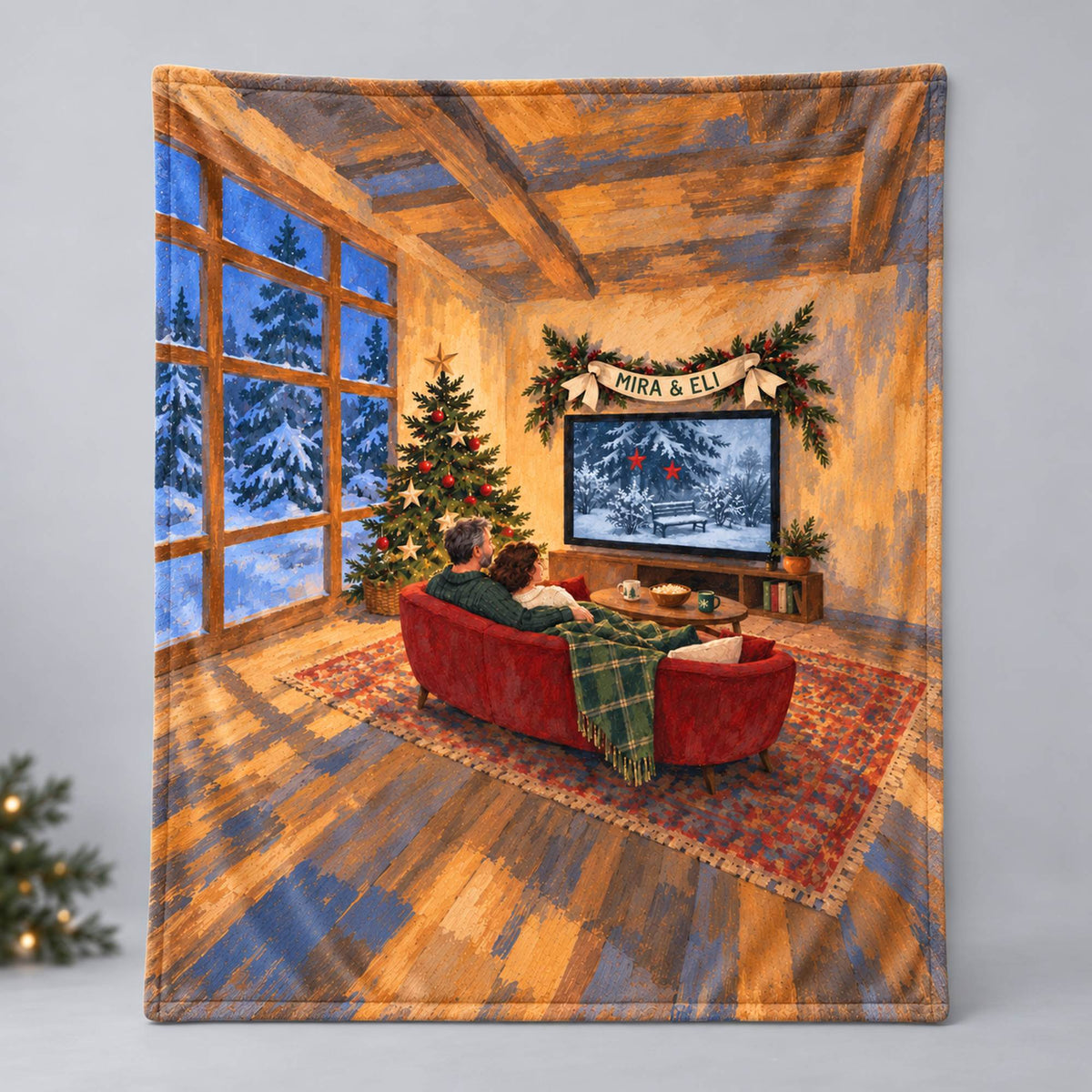 Personalized Home Movie Evening Christmas Blanket - Custom Couple Names Cozy Living Room Fleece Throw, Holiday Gift for Film Lovers