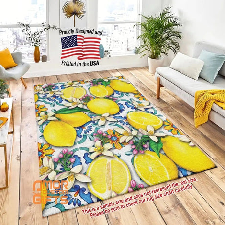 Mats & Rugs Mediterranean Lemon Rugs | Lemon Fruit Area Rug | Lemon On Blue Ceramic Home Carpet, Mat, Home Decor