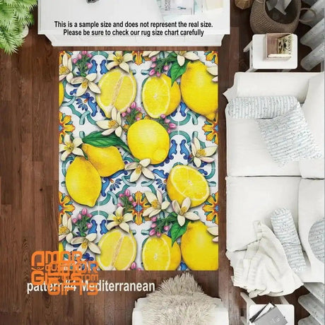 Mats & Rugs Mediterranean Lemon Rugs | Lemon Fruit Area Rug | Lemon On Blue Ceramic Home Carpet, Mat, Home Decor