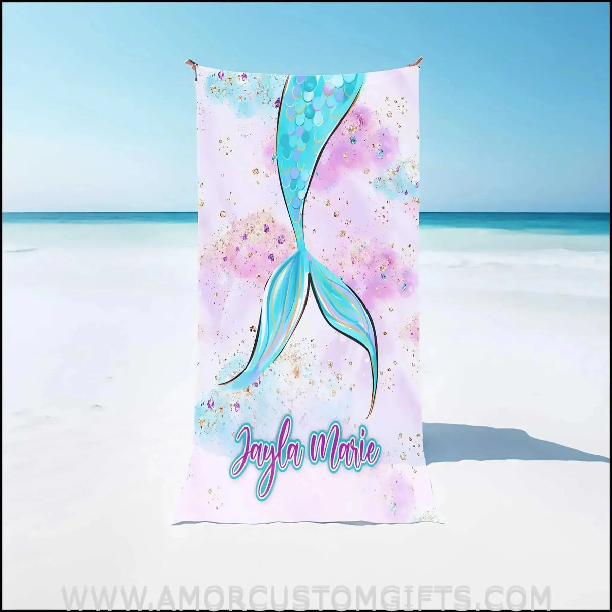 Towels Mermaid Tail Glitter Personalized Towel Kids Beach Towel, Girls Rainbow Beach Towels, Name Rainbow Bath Towels