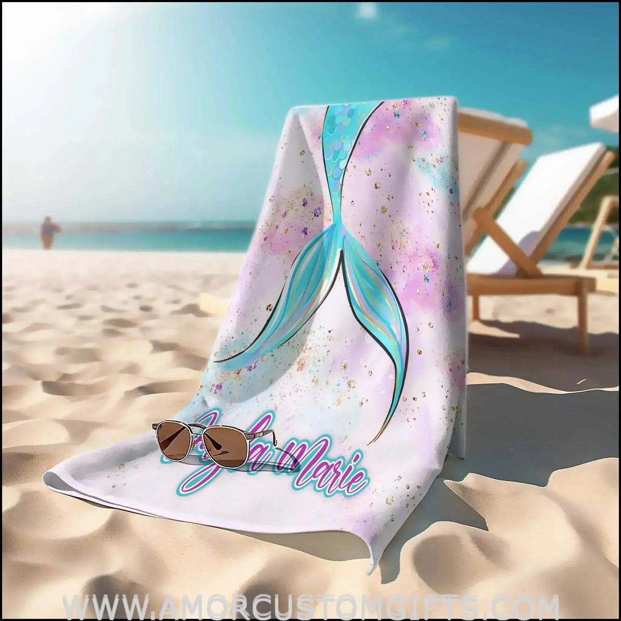 Towels Mermaid Tail Glitter Personalized Towel Kids Beach Towel, Girls Rainbow Beach Towels, Name Rainbow Bath Towels