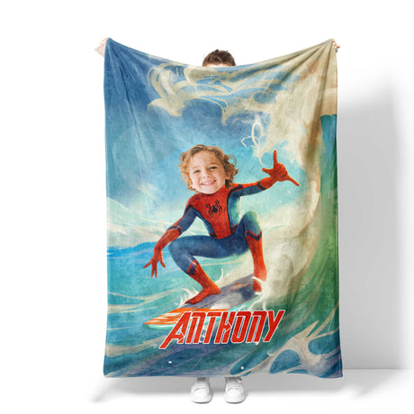 Personalized Face & Name Spider Boy Summer Surfing Tropical Beach Blanket