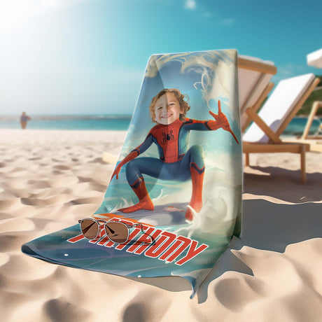 Personalized Face & Name Summer Spider Boy Summer Surfing Tropical Beach Superhero Boy Beach Towel
