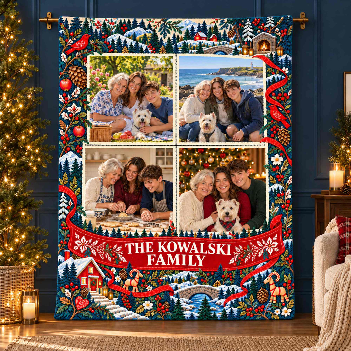 Personalized Nordic Family Memory Journey Photo Blanket - Custom Name Four Picture Christmas Fleece Throw, Winter Forest Keepsake Gift