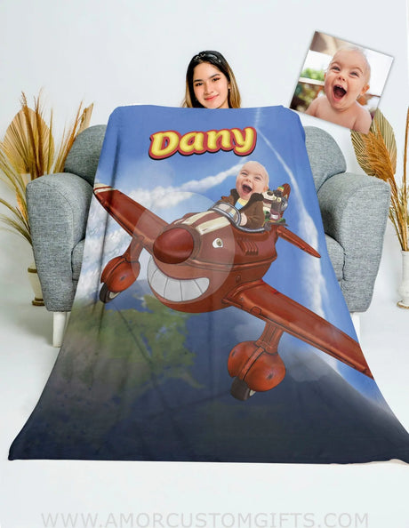 Blankets Personalized Adventures On The Red Plane Boy Blanket | Custom Face & Name Vehicle Boy Blanket