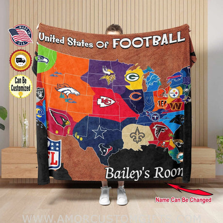 Blankets Personalized American Football Teams Map Blanket | Football Fan Blanket | USA Football Throw Decor