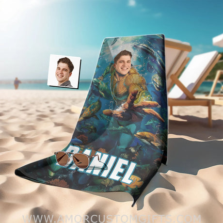 Personalized Aqua Boy Around Sea Animal Photo Beach Towel Towels