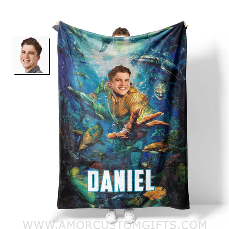 Personalized Aqua Boy Around Sea Animal Photo Blanket Blankets