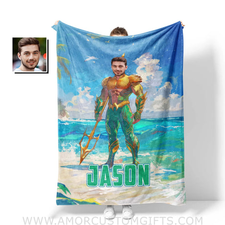 Personalized Aqua Boy Stand On The Beach Photo Blanket Blankets