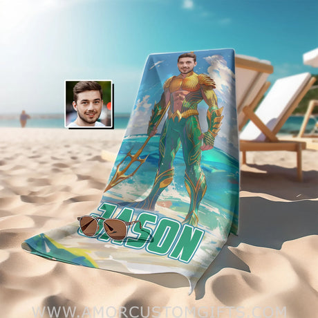 Personalized Aqua Boy Stand On The Beach Photo Towel Towels