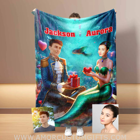 Blankets Personalized Ariel and Prince Eric Blanket | Custom Face & Name Couple Blanket