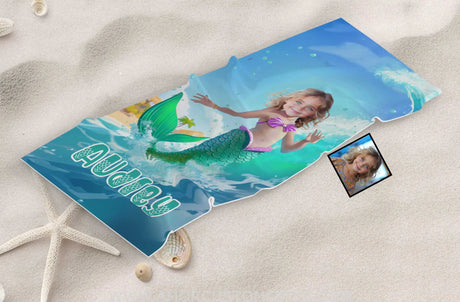 Towels Personalized Ariel Mermaid Princess Summer Surfing Girl Beach Towel | Custom Name & Photo Girl Beach Towel