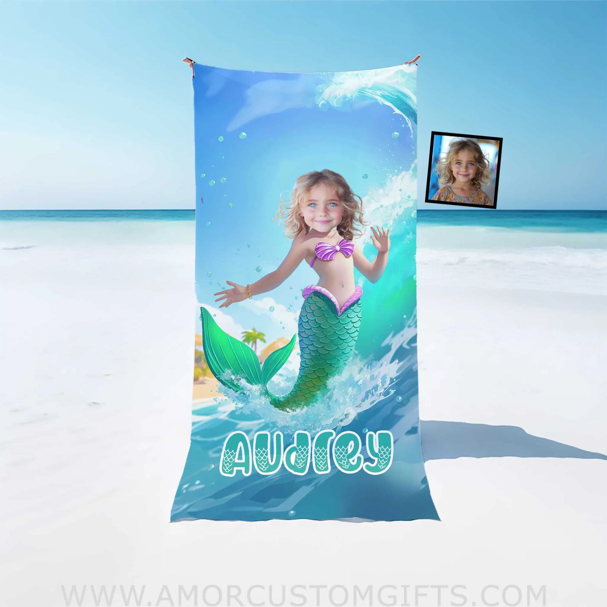 Personalized Ariel Mermaid Princess Summer Surfing Girl Beach Towel | Custom Name & Photo Towels