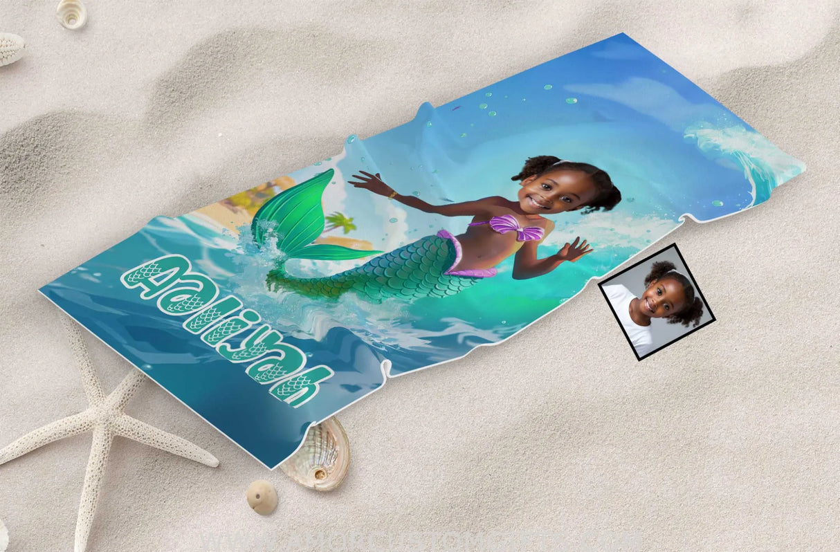 Personalized Ariel Mermaid Princess Summer Surfing Girl Beach Towel | Custom Name & Photo Towels