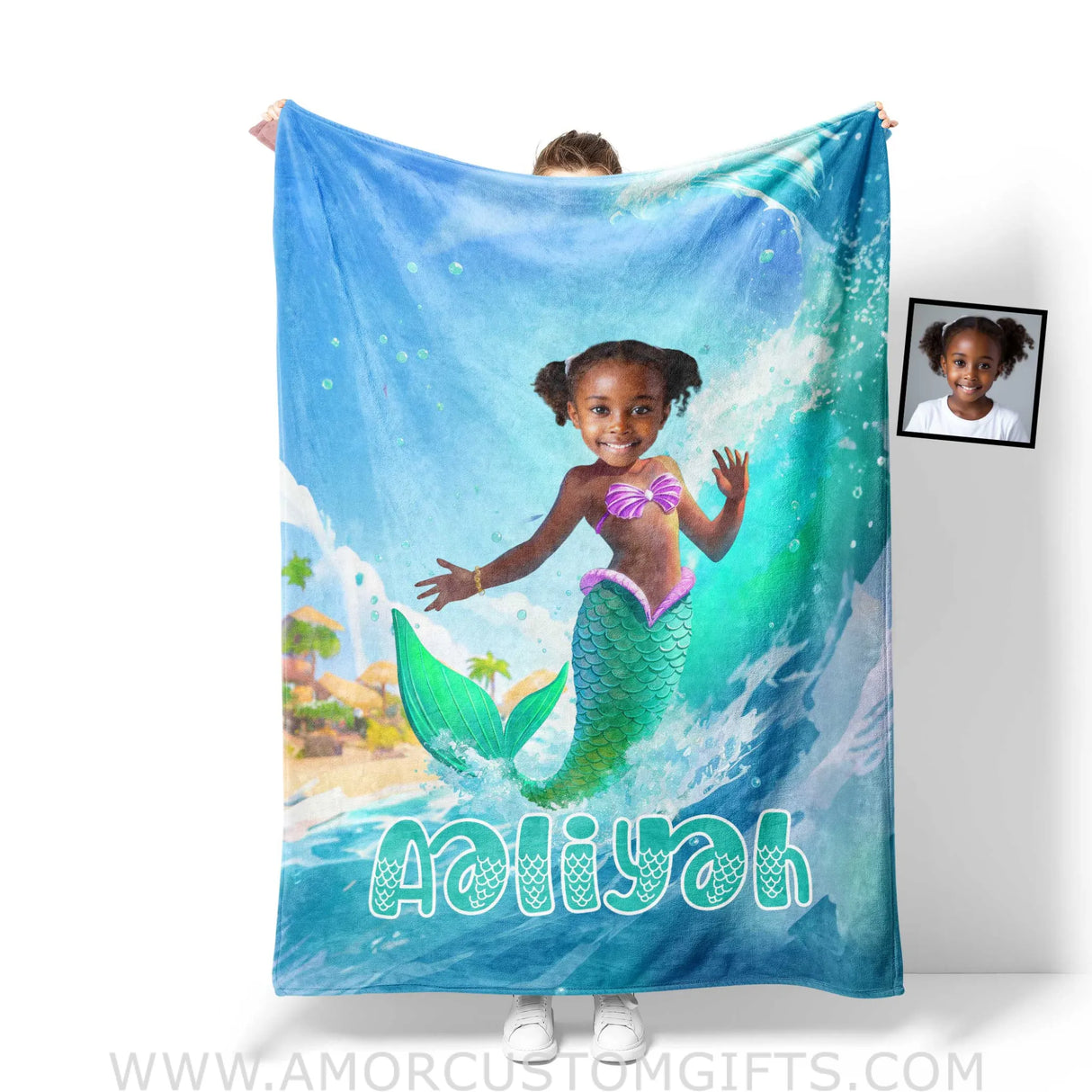 Personalized Ariel Mermaid Princess Summer Surfing Girl Blanket | Custom Name & Face Blankets