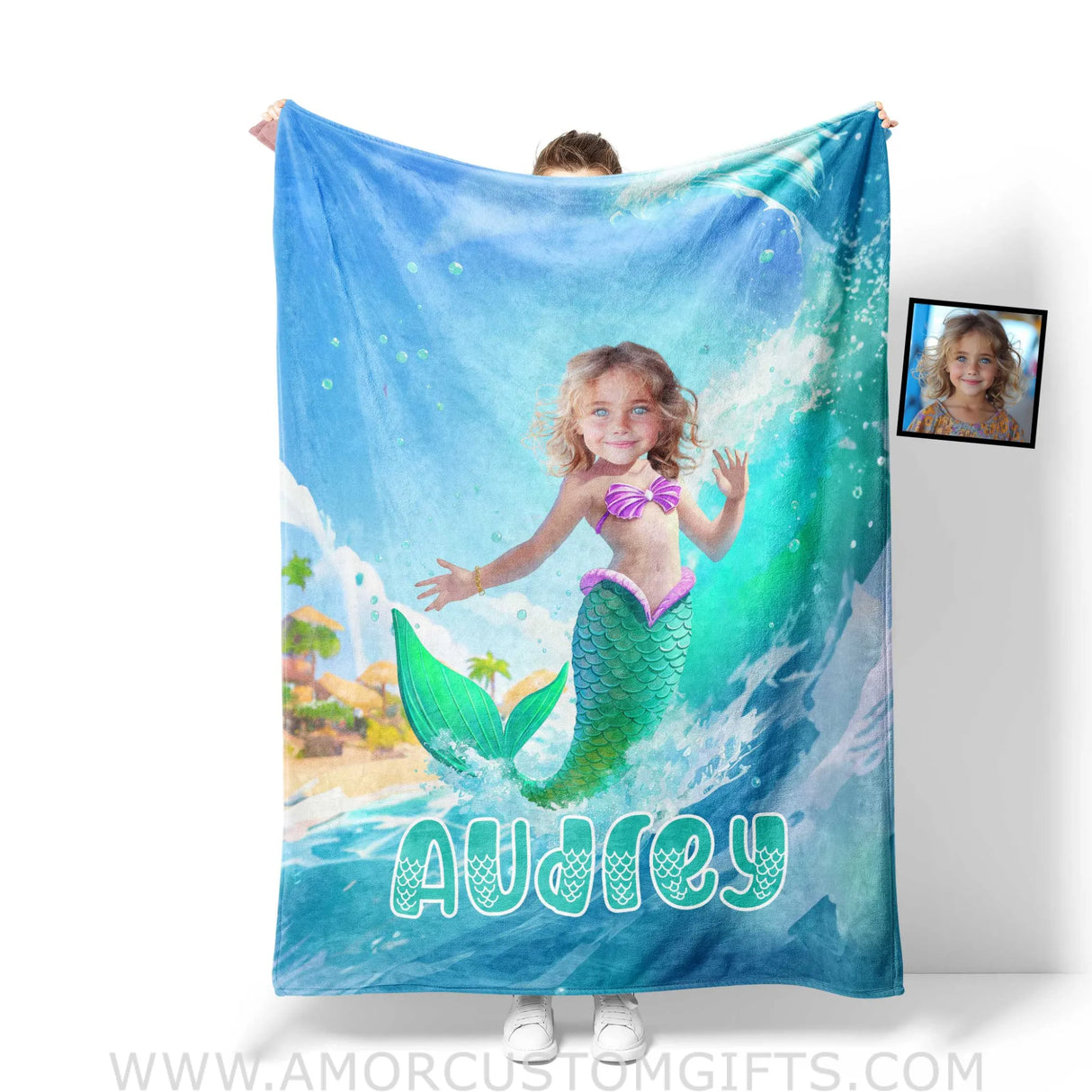 Personalized Ariel Mermaid Princess Summer Surfing Girl Blanket | Custom Name & Face Blankets
