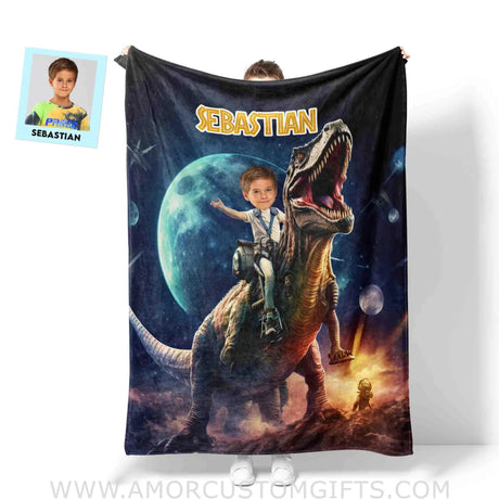 Blankets Personalized Astronaut Dino Blanket | Custom Face & Name Blanket For Boys