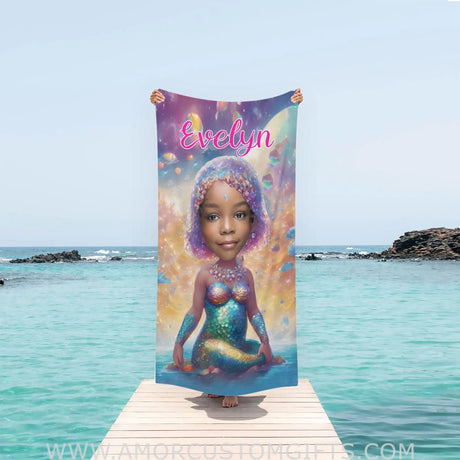 Towels Personalized Baby Black Mermaid Girl Photo Beach Towel | Customized Princess Girl Beach Towel