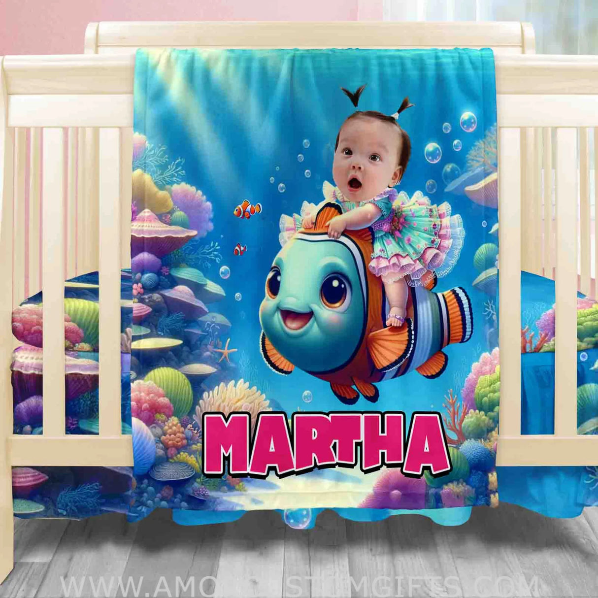 Blankets Personalized Baby Girl Riding Nemo Fish Blanket | Custom Face & Name Girl Nemo Blanket