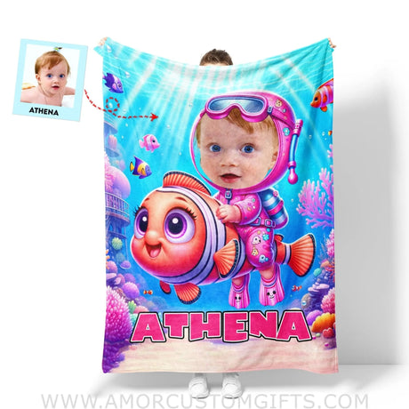 Blankets Personalized Baby Girl Riding Nemo Fish Blanket | Custom Name & Face Girl Blanket