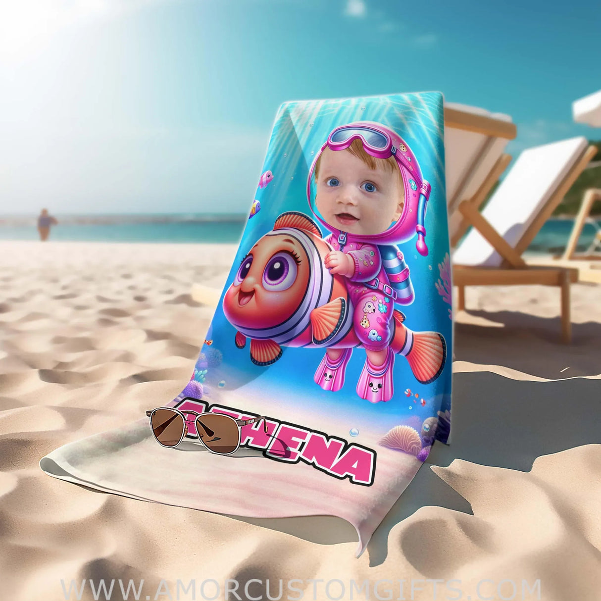 Towels Personalized Baby Girl Riding Nemo Fish Photo Beach Towel | Customized Nemo Fish Theme Beach Towel