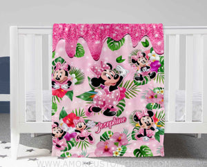 Blankets Personalized Baby Minnie Mouse Tropical Blanket | Custom Name Blanket For Baby Girl