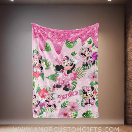 Blankets Personalized Baby Minnie Mouse Tropical Blanket | Custom Name Blanket For Baby Girl