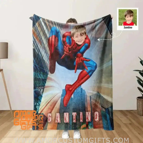 Blankets Personalized Baby Toddler Little Boy Superhero Spider Boy Blanket | Custom Face & Name Superhero Blanket
