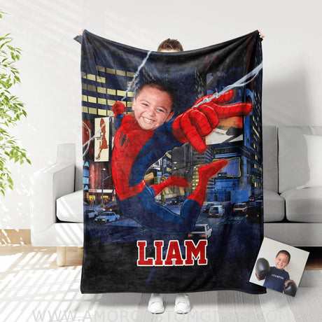 Blankets Personalized Baby Toddler Little Boy Superhero Spider Boy In Modern City Blanket | Custom Face & Name Superhero Blanket