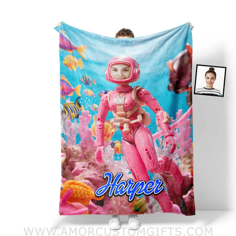 Blankets Personalized Barbi Diving Blanket | Custom Name & Face Girl Blanket