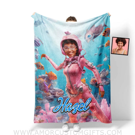 Blankets Personalized Barbi Diving With Fish Blanket | Custom Name & Face Girl Blanket