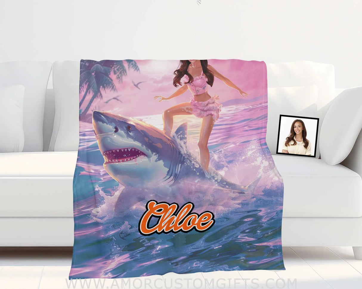Blankets Personalized Barbi Girl Riding Shark Blanket | Custom Name & Face Girl Blanket