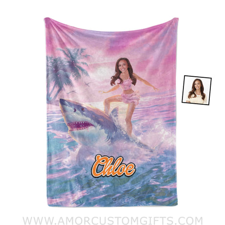 Blankets Personalized Barbi Girl Riding Shark Blanket | Custom Name & Face Girl Blanket