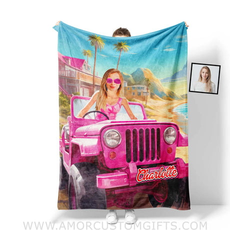 Blankets Personalized  Barbi Jeep Truck Beach Blanket | Custom Name & Face Girl Blanket
