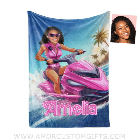 Blankets Personalized Barbie Jet Ski Blanket | Custom Name & Face Girl Blanket