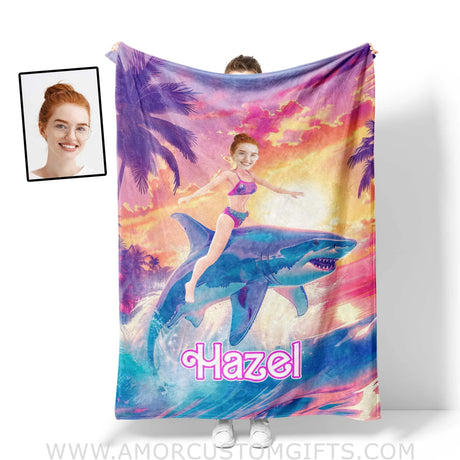 Blankets Personalized Barbi Riding Shark Blanket | Custom Name & Face Girl Blanket