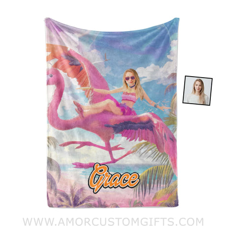 Blankets Personalized Barbi Summer Flamingo Blanket | Custom Name & Face Girl Blanket