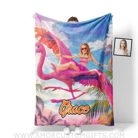 Blankets Personalized Barbi Summer Flamingo Blanket | Custom Name & Face Girl Blanket