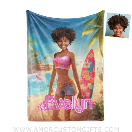 Blankets Personalized Barbi Surfing Blanket | Custom Name & Face Girl Blanket