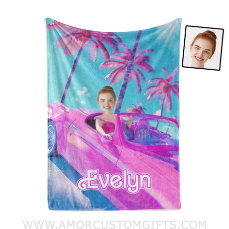 Blankets Personalized Barbie Car Beach Blanket | Custom Name & Face Girl Blanket
