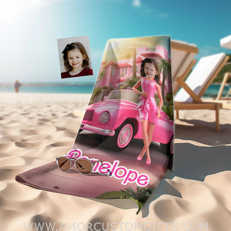 Towels Personalized Fashion Doll Girl Photo Beach Towel | Customized Barbi With Car Beach Towel