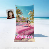 Towels Personalized Fashion Doll Girl Photo Beach Towel | Customized Pink Girl Barbi With Car At Her Castle Beach Towel