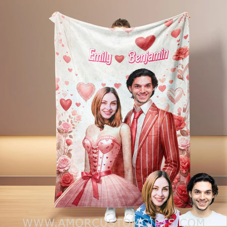 Blankets Personalized Barbi & Ken Couple Blanket | Custom Face & Name Couple Blanket