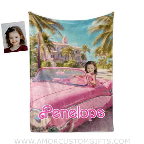Blankets Personalized Fashion Doll Photo Blanket | Customized Pink Barbi Girl With Car At Her Castle Blanket