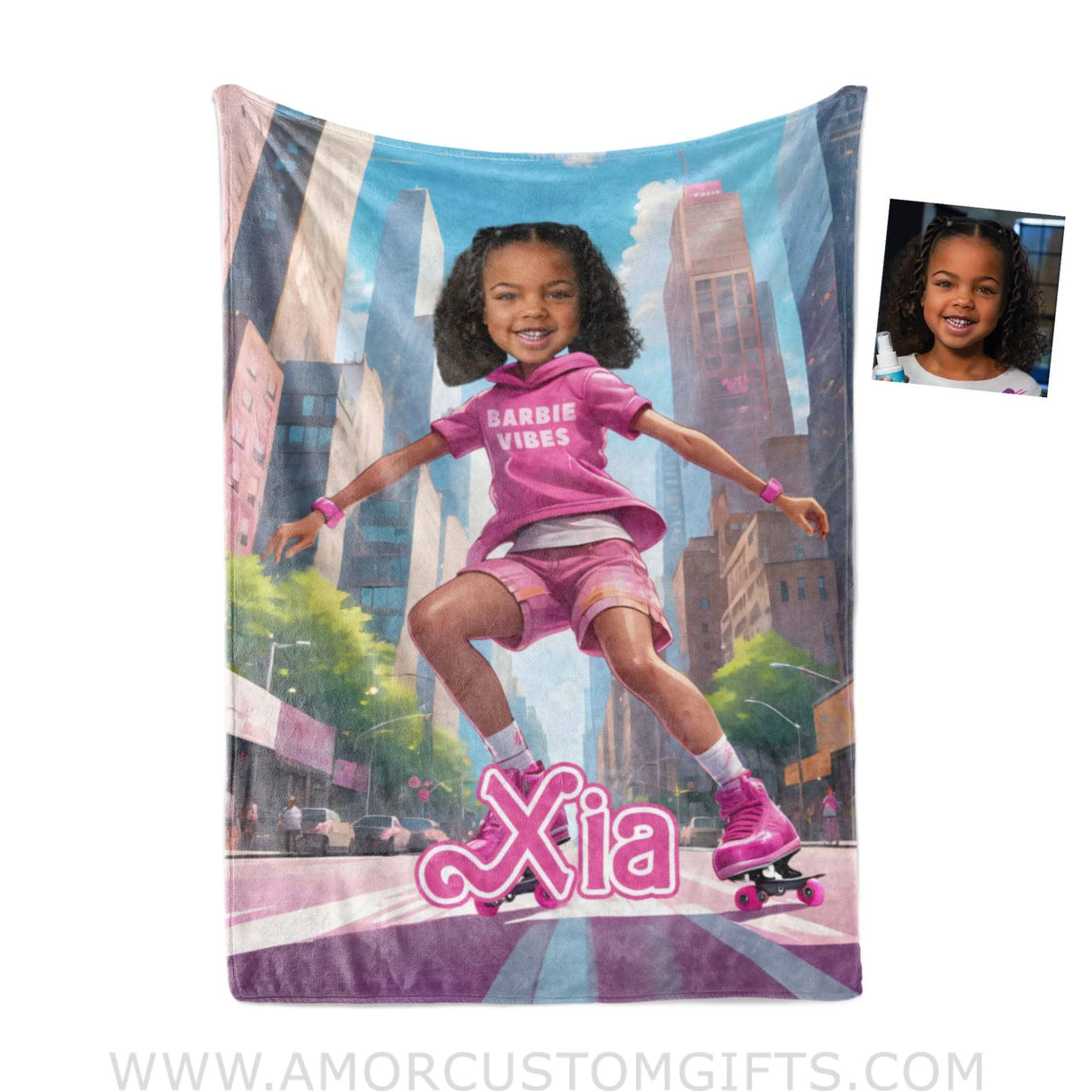 Blankets Personalized Fashion Doll Skating Afro Brown Barbi Girl Blanket | Custom Name & Face Girl Blanket