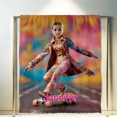 Blankets Personalized Fashion Doll Skating In Road Blanket | Custom Name & Face Girl Blanket