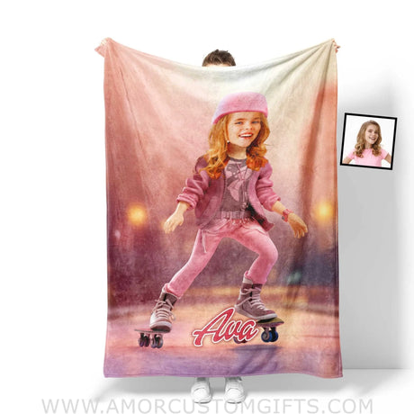 Blankets Personalized Fashion Doll Skating In Road Pink City Blanket | Custom Name & Face Girl Blanket