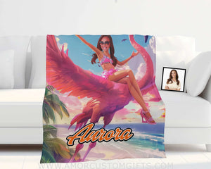 Blankets Personalized Barbie Summer Flamingo On Beach Blanket | Custom Name & Face Girl Blanket