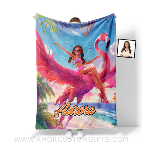 Blankets Personalized Barbie Summer Flamingo On Beach Blanket | Custom Name & Face Girl Blanket